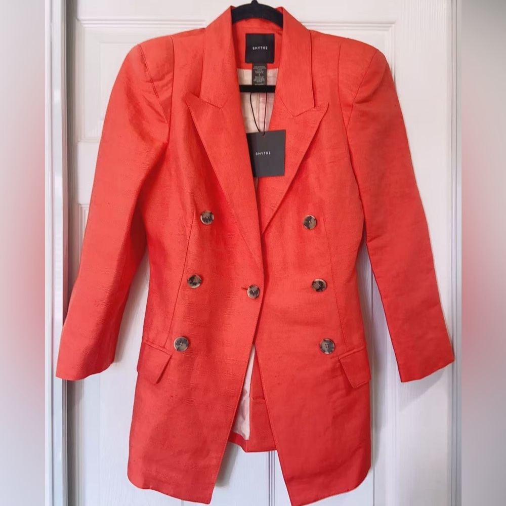 NWT $725 Smythe Cropped-Sleeve Linen Silk Pagoda Blazer - Picture 3 of 6